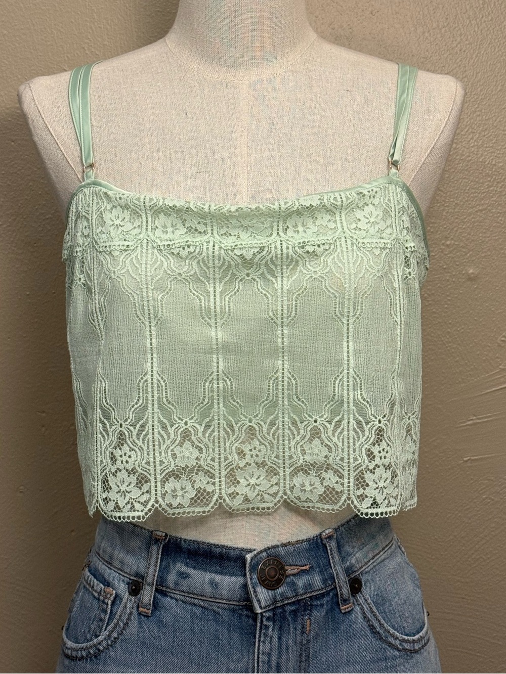 Savage X Fenty Deco Glass Lace Green Mist Sleep Cami Lace Up Tie Back Size XL